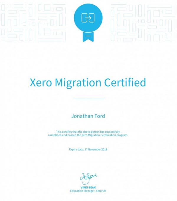 Xero Migration Certificate 